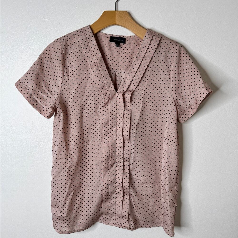 The Limited XS Pink Black Dotted V-Neck Pin-Tuck Front Blouse Top Work Office